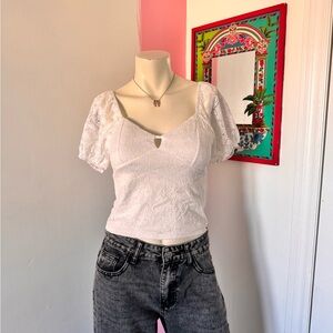 Lacey White Short Puff Sleeve Eyelet Detail Fitted Top